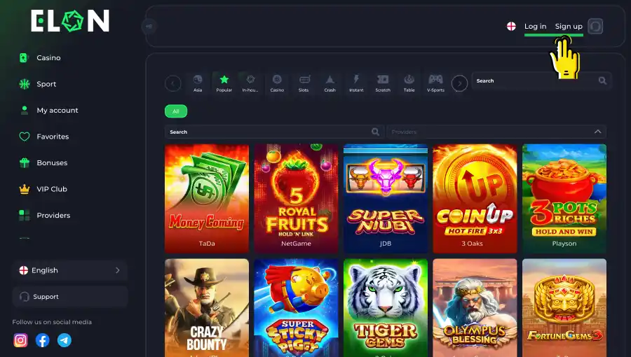 Login to the official Elon Casino website